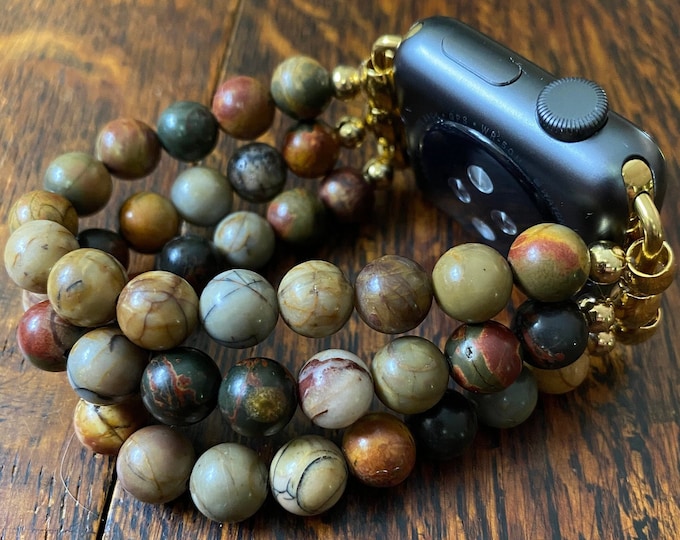 Red Picasso Jasper Beaded Apple Watch Band on Stainless Steel