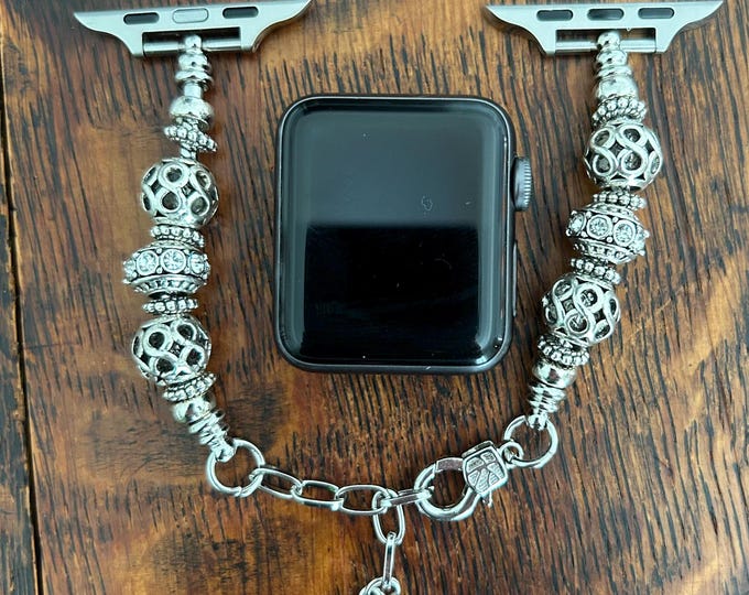 Pandora Compatible Apple Watch Band – Customizable Charm Bracelet Band with Rhinestone Beads, Stainless Steel Strap, Fits 5.5"–8" Wrist