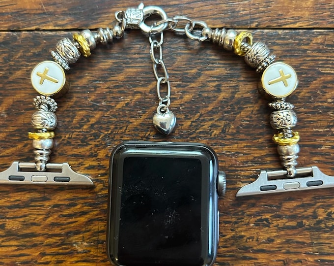 Silver Pandora Style Apple Watch Band With Gold Cross Charm Bracelet