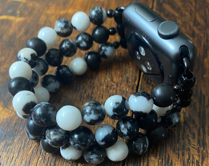 Zebra Jasper Stainless Steel Beaded Apple Watch Band
