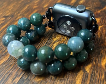 Large Stone Moss Agate Stainless Steel Beaded Apple Watch Band