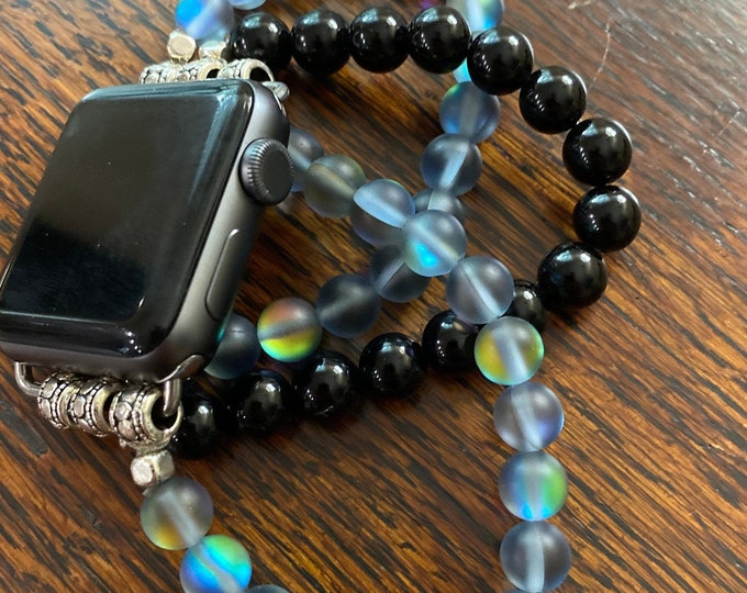 Blue Aura Quartz Crystal Black Obsidian Beaded Apple Watch Band