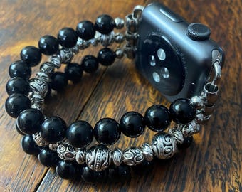 Black Obsidian Tibetan Silver Stainless Steel Beaded Apple Watch Band