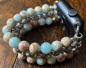 Snakeskin Jasper and Tibetan Silver Beaded Apple Watch Band