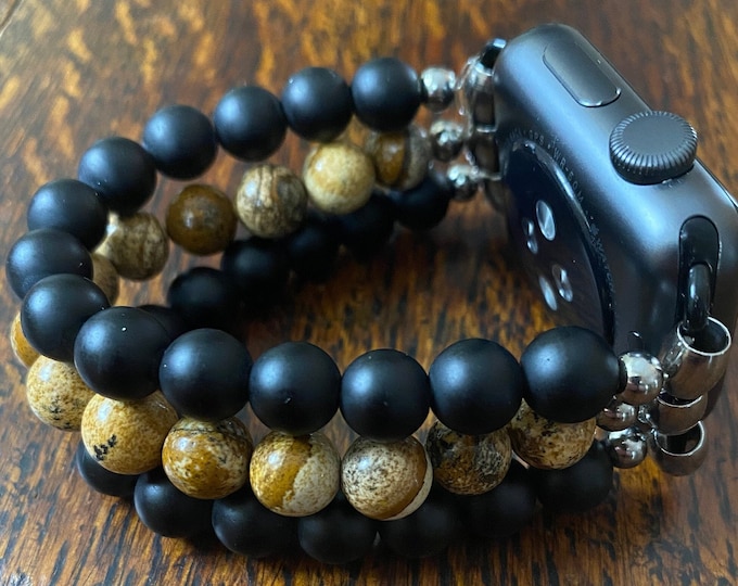 Matte Black Obsidian Picture Jasper Stainless Steel Beaded Apple Watch Band