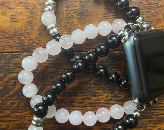 Black Obsidian Rose Quartz Stainless Steel Beaded Apple Watch Band