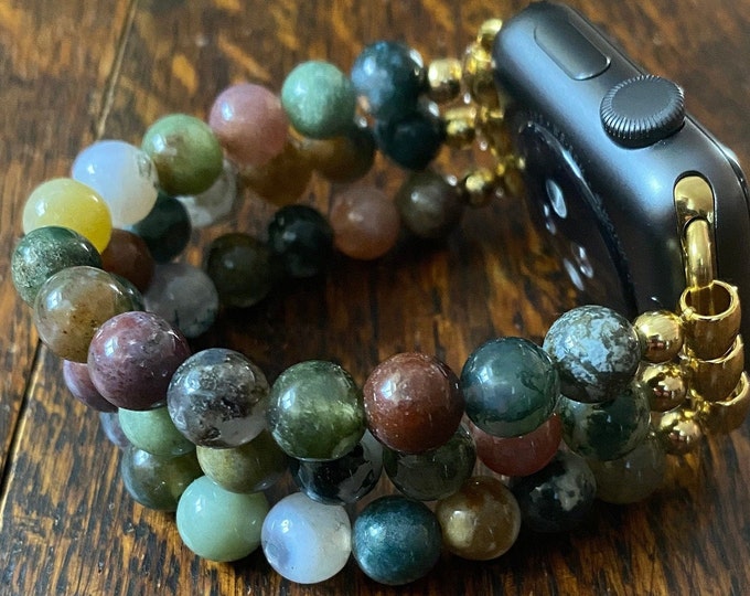 Indian Agate Stainless Steel Beaded Apple Watch Band