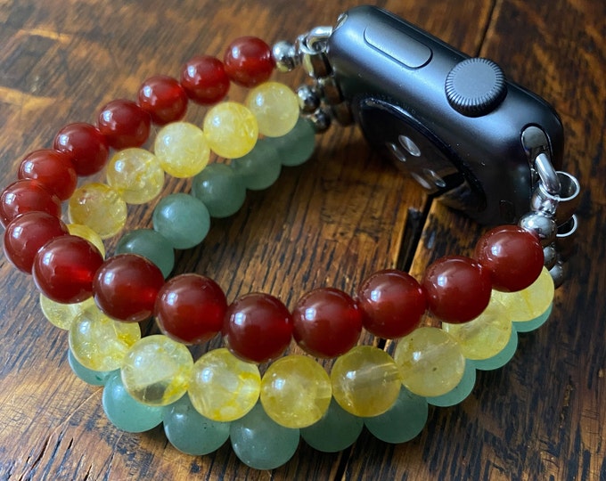 Citrine Green Aventurine Red Agate Stainless Steel Beaded Apple Watch Band