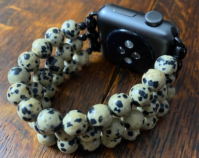 Spotted Dalmatian Jasper Stainless Steel Beaded Apple Watch Band