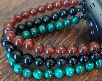 Malachite Black Obsidian Red Agate Beaded Apple Watch Band on Stainless Steel
