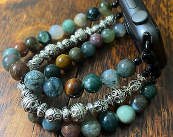 Indian Agate Tibetan Silver Stainless Steel Beaded Apple Watch Band