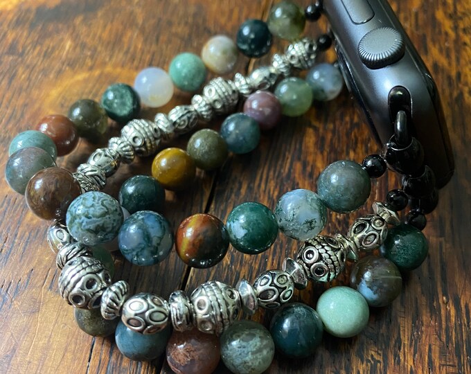 Indian Agate Tibetan Silver Stainless Steel Beaded Apple Watch Band