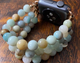Multi-Color Amazonite Stainless Steel Beaded Apple Watch Band