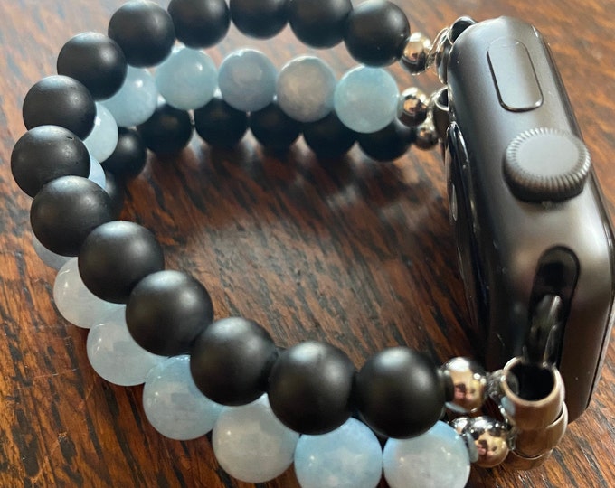 Matte Black Obsidian Aquamarine Stainless Steel Beaded Apple Watch Band