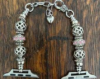 Elegant Apple Watch Band with Pink Rhinestones and Round Beads