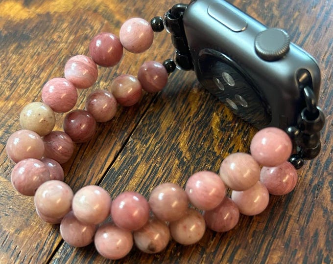 Rhodochrosite 2-strand 8mm Beaded Apple Watch Band on Stainless Steel