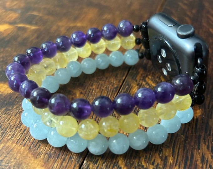 Amethyst Citrine Aquamarine Stainless Steel Beaded Apple Watch Band