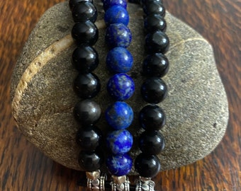 Lapis Lazuli Black Obsidian Beaded Apple Watch Band