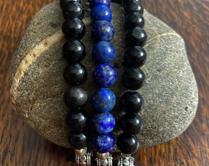Lapis Lazuli Black Obsidian Beaded Apple Watch Band