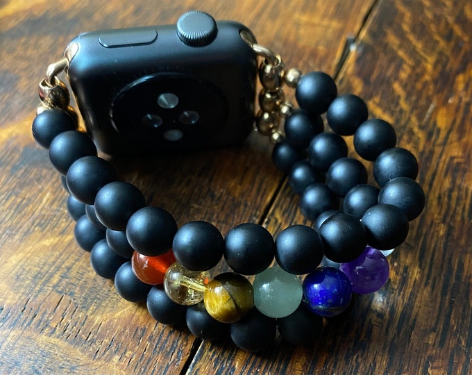 Chakra Matte Black Obsidian Stainless Steel Beaded Apple Watch Band