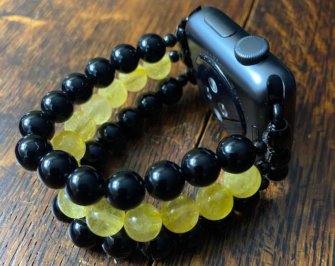 Citrine Black Obsidian Stainless Steel Beaded Apple Watch Band