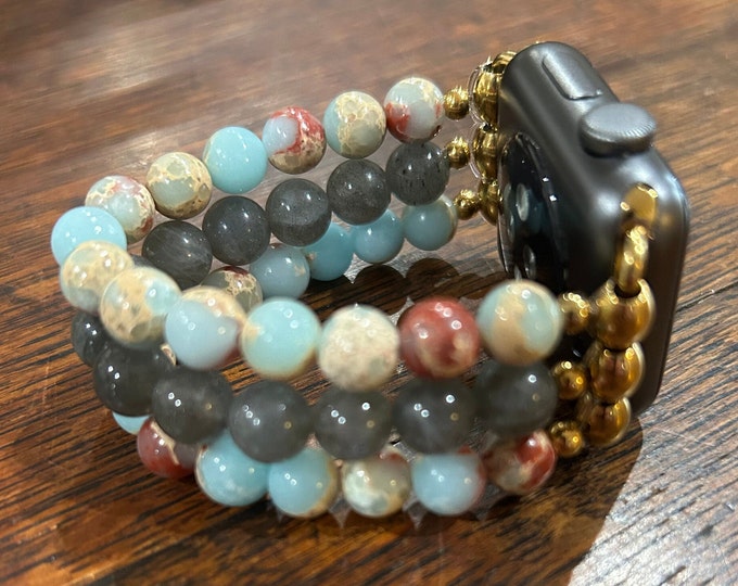 Labradorite Snakeskin Jasper Stainless Steel Beaded Apple Watch Band