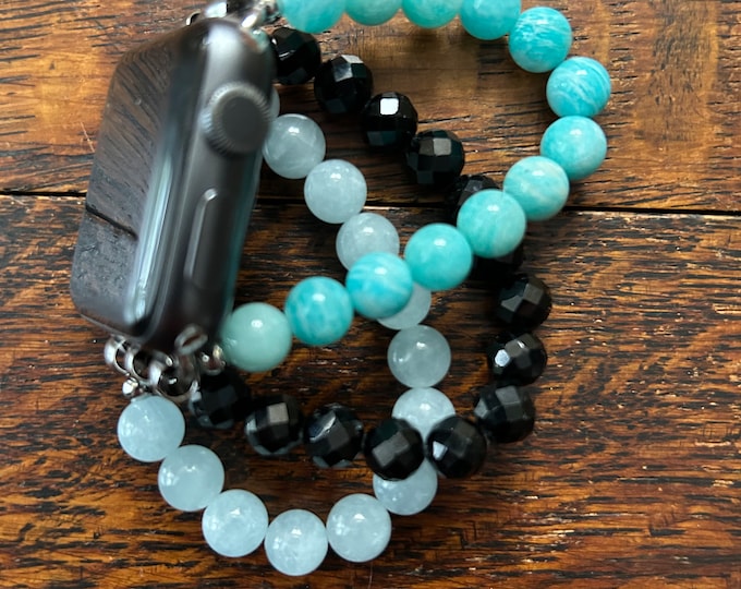 Diamond Cut Tourmaline Aquamarine Amazonite Stainless Steel Beaded Apple Watch Band