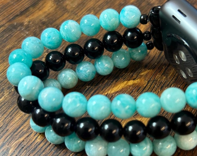 Amazonite Black Obsidian Stainless Steel Beaded Apple Watch Band