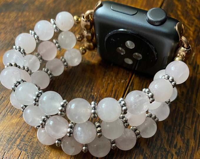 Rose Quartz Tibetan Daisy Rings Stainless Steel Beaded Apple Watch Band