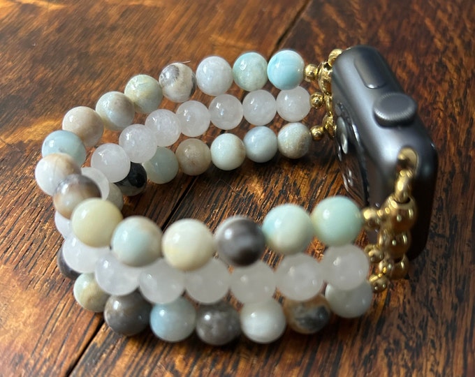 White Jade Multi-Color Amazonite Stainless Steel Beaded Apple Watch Band