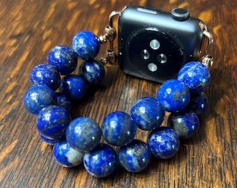 Large Stone Lapis Lazuli Stainless Steel Beaded Apple Watch Band
