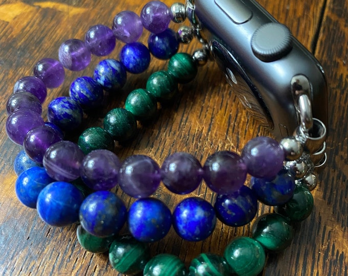 Amethyst Lapis Lazuli Malachite Stainless Steel Beaded Apple Watch Band