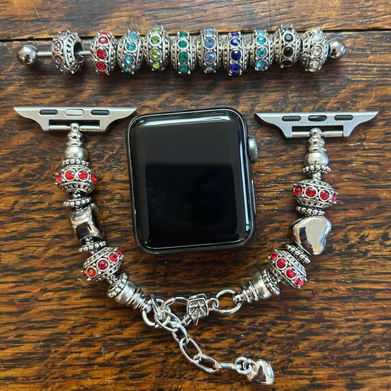 Silver Pandora Style Apple Watch Band With Red Heart Charm  display picture 2