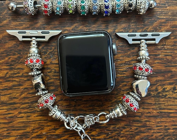 Silver Pandora Style Apple Watch Band With Red Heart Charm Bracelet