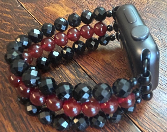 Red Agate Diamond Cut Tourmaline Stainless Steel Beaded Apple Watch Band
