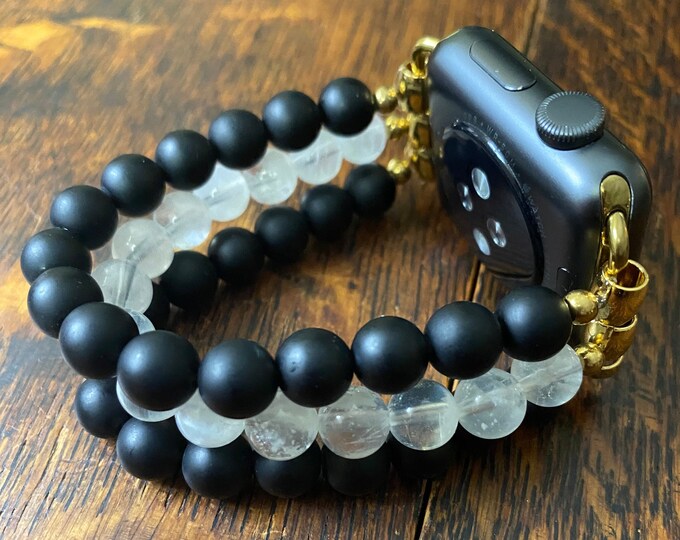 Moonstone (AAA) Matte Black Obsidian Stainless Steel Beaded Apple Watch Band