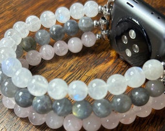 Moonstone Labradorite Rose Quartz Beaded Apple Watch Band on Stainless Steel