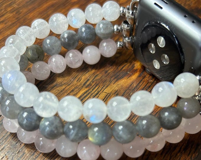 Moonstone Labradorite Rose Quartz Beaded Apple Watch Band on Stainless Steel