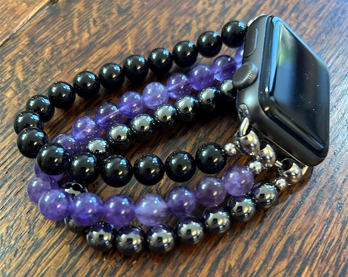 Hematite Tourmaline Amethyst Beaded Apple Watch Band on Stainless Steel