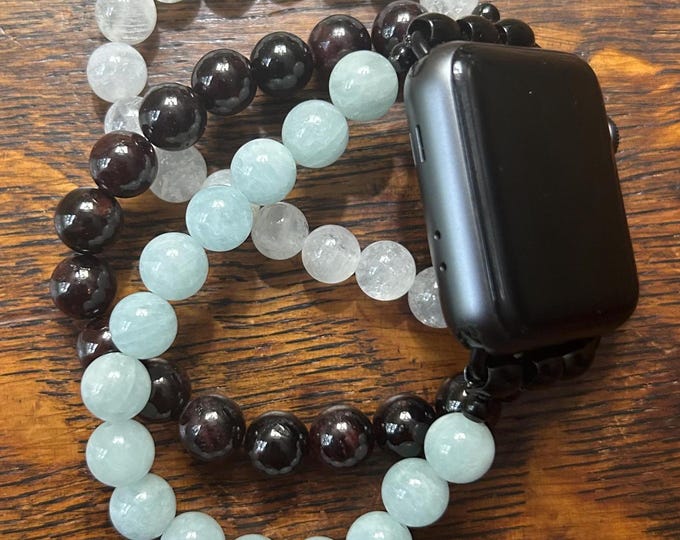 Moonstone Garnet Aquamarine Stainless Steel Beaded Apple Watch Band