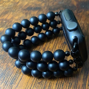 Matte Black Obsidian Stainless Steel Beaded Apple Watch Band