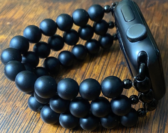 Matte Black Obsidian Stainless Steel Beaded Apple Watch Band