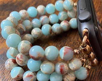 Snakeskin Jasper Stainless Steel Beaded Apple Watch Band