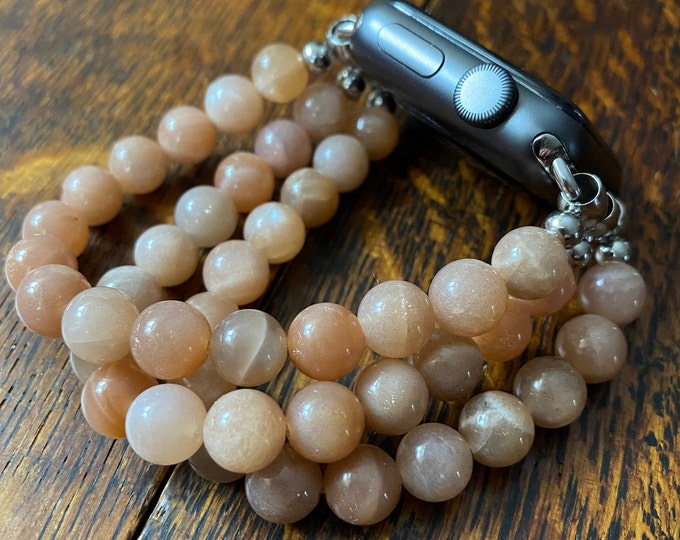 Peach Moonstone (AAA) Stainless Steel Beaded Apple Watch Band