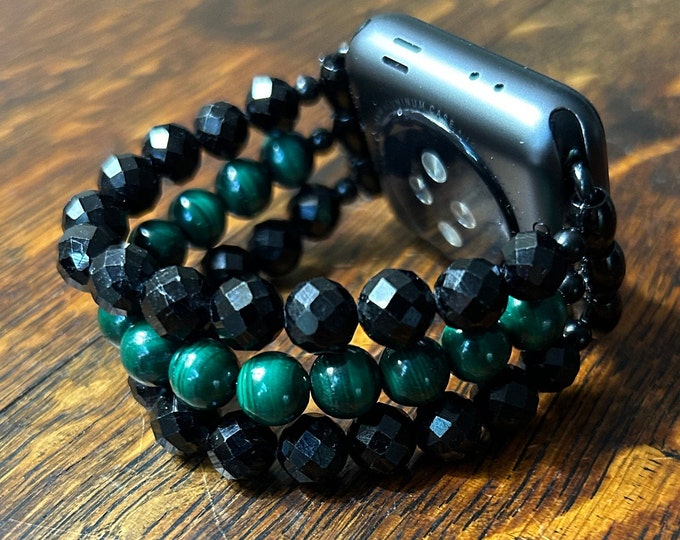 Malachite Diamond Cut Tourmaline Stainless Steel Beaded Apple Watch Band