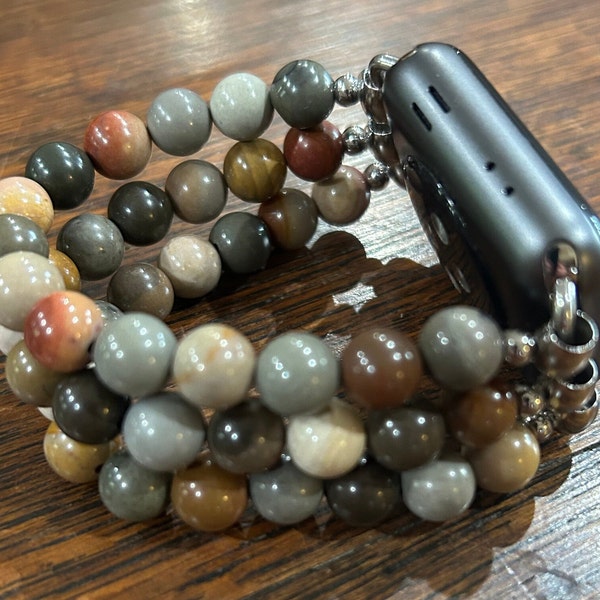 American Picture Jasper Stainless Steel Beaded Apple Watch Band