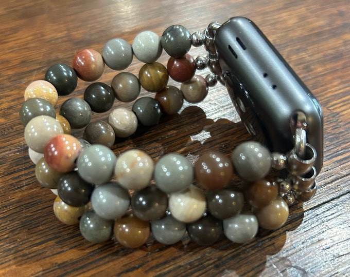 American Picture Jasper Stainless Steel Beaded Apple Watch Band