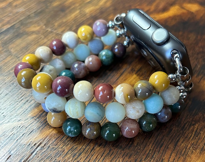 Mookaite Jasper Matte Amazonite Indian Agate Stainless Steel Beaded Apple Watch Band
