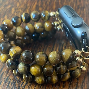 Tiger Eye Stainless Steel Beaded Apple Watch Band