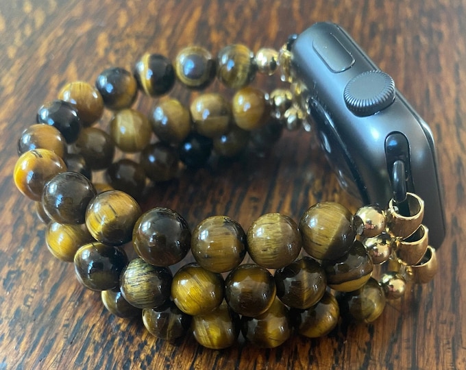 Tiger Eye Stainless Steel Beaded Apple Watch Band